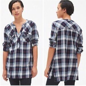 GAP Plaid Henley Tunic Top Navy Blue White Pink Flannel Button Down Shirt Medium